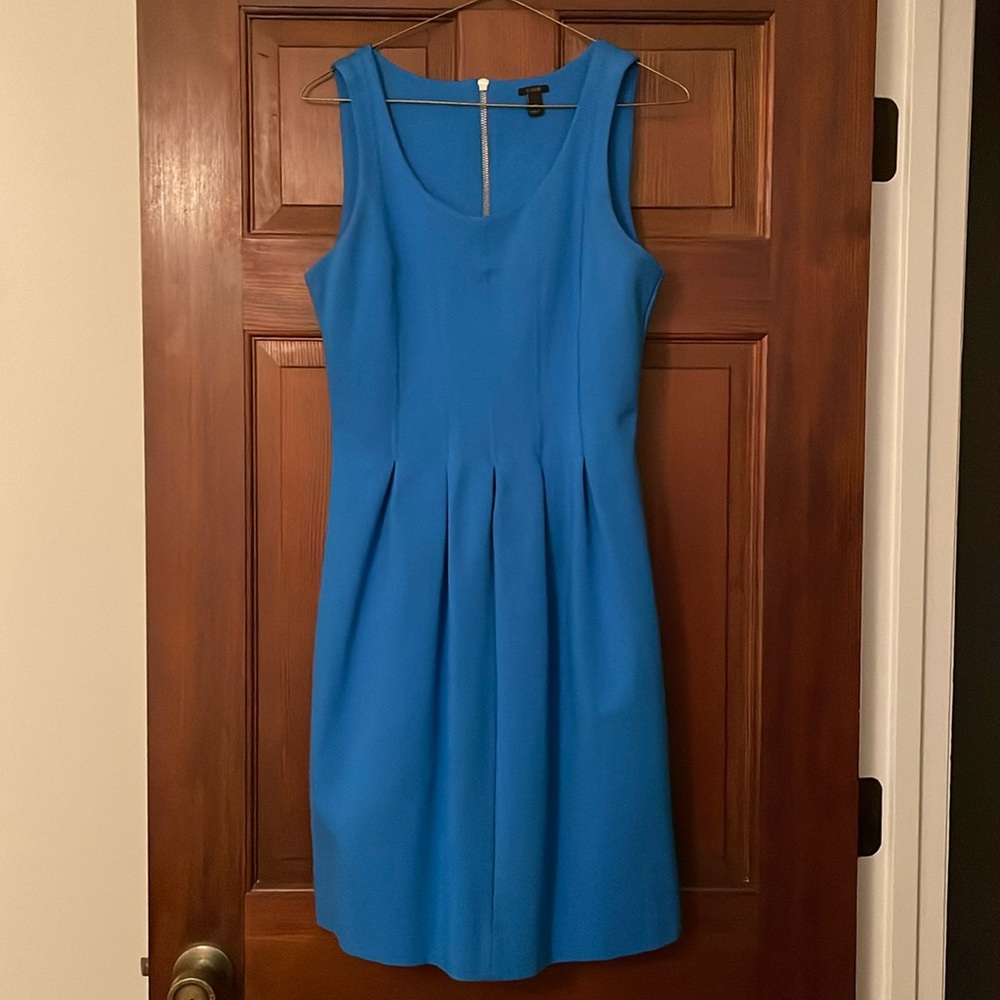 J. Crew Pleated Flare Dress in Brilliant Sea Sleeveless Stretch Ponte Knit